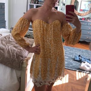 Yellow floral crochet trim mini dress